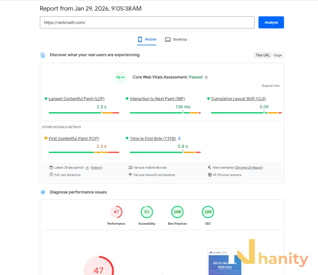 pagespeed-insights-core-web-vitals-wordpress-mobile PageSpeed Insights hiển thị Core Web Vitals WordPress trên mobile